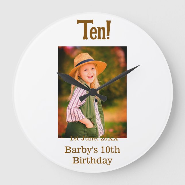 Relógio Grande 10th birthday photo name date simple brown beige b (Frente)