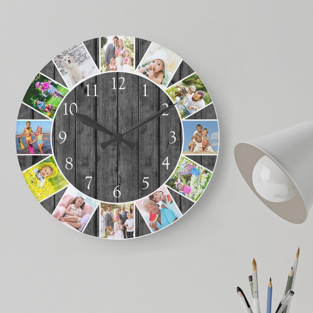 Relógio Grande 12 Cinzas de Colagem Personalizadas (Photo clock with 12 photos, one at each hour. Great design for your home or a thoughtful photo gift.)