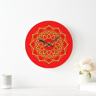 Relógio Grande 12 Dourado Petal: Flor Mandala em Vermelho