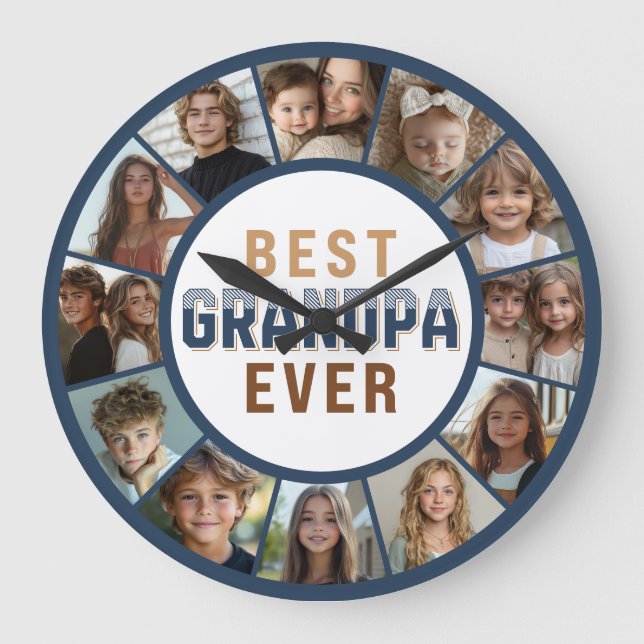 Relógio Grande 12 Photo Collage Best Grandpa Ever Large Clock (Frente)