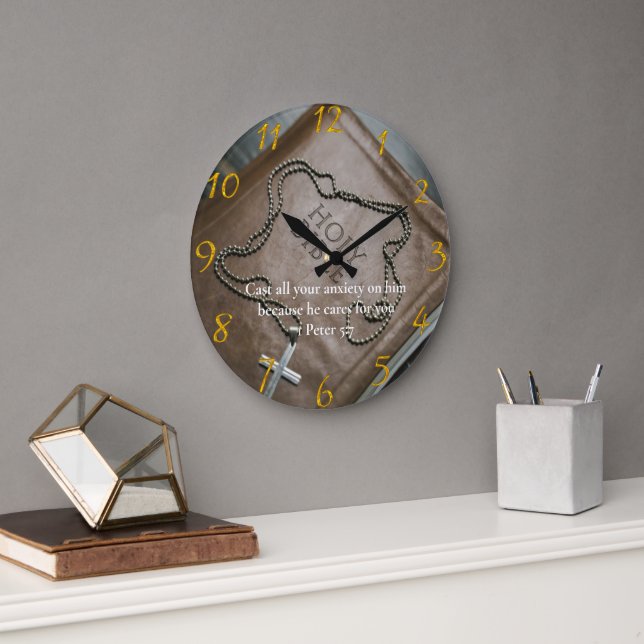 Relógio Grande 1 Peter 5:7 Bíblia Sagrada com cruz (Escritório)