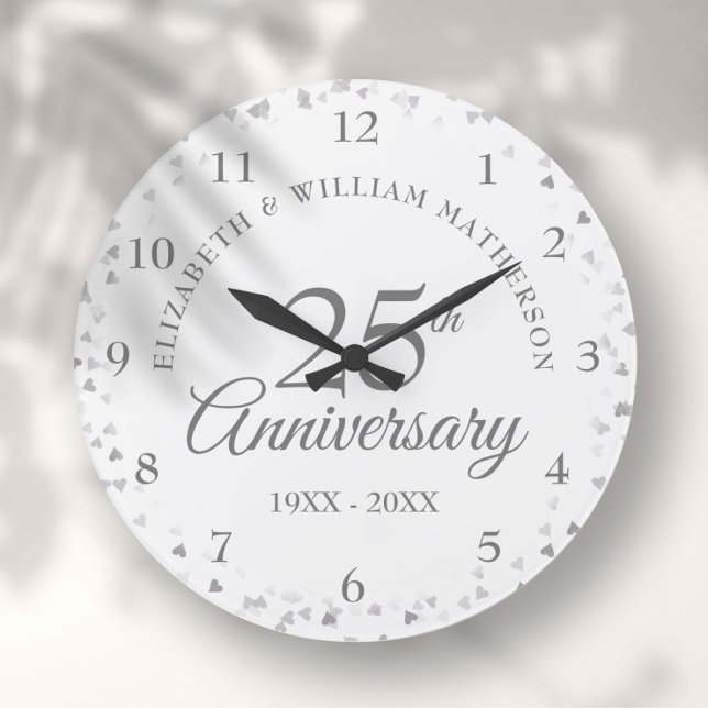 Relógio Grande 25 Casamento Aniversário Silver Hearts Confetti (25th Wedding Anniversary Silver Hearts Confetti Large Clock)
