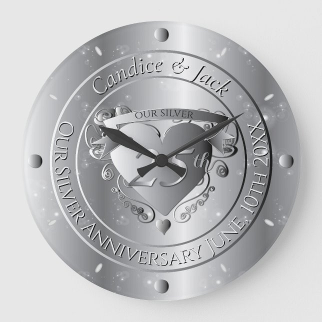 Relógio Grande 25 Casamento Aniversário Silvery Heart (Frente)