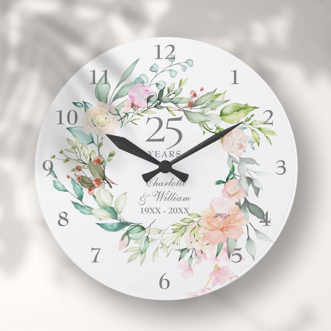Relógio Grande 25th Silver Wedding Anniversary Roses Floral (25th Silver Wedding Anniversary Roses Floral Large Clock)