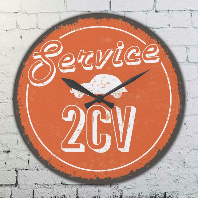 Relógio Grande 2CV Service Vintage (2CV Clock in Orange with a White Vintage Text and Deux Chevaux Illustration)