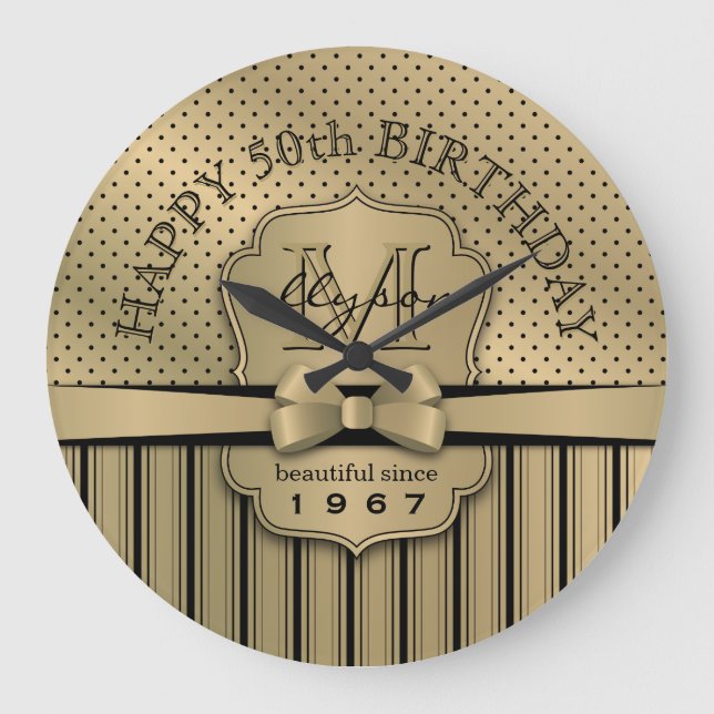 Relógio Grande 50º Aniversário Champanhe Dourado Bolinhas Stripes (Frente)