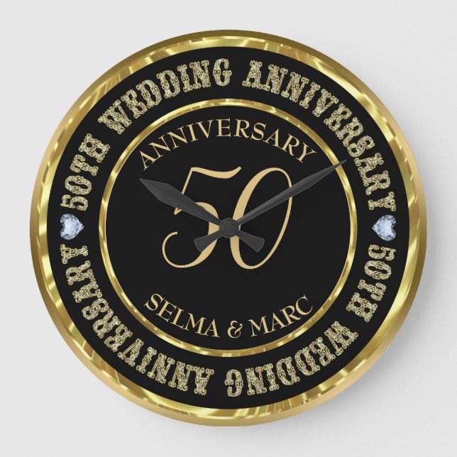 Relógio Grande 50º Aniversário Dourado e Preto Metálico (Frente)