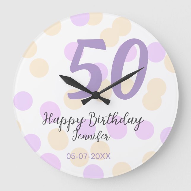 Relógio Grande 50th birthday add name date purple orange polkadot (Frente)