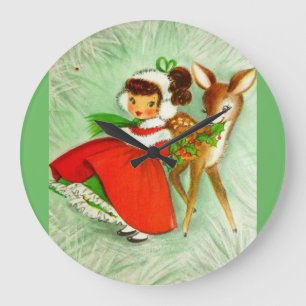Relógio Grande A maioria de natal vintage bonito cervos & menina