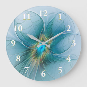 Relógio Grande A pequena Flor Fractal Azul Ouro Moderno da Beleza