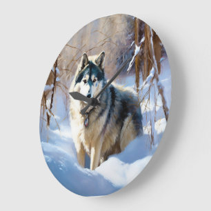 Relógio Grande Aaskan Malamute Deixe Nevar Natal