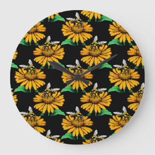 Relógio Grande Abelha sobre Flor de Girassol Design Preto