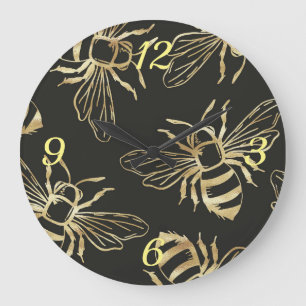 Relógio Grande Abelhas Douradas, num fundo negro.