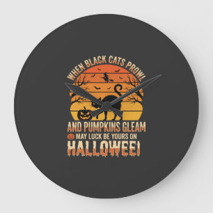 Relógio Grande Abóbora de Gato Preto Desenho Vetorial de Hallowee