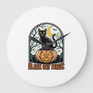 Relógio Grande Abóbora de Gato Preto Gravura Vintage de Halloween