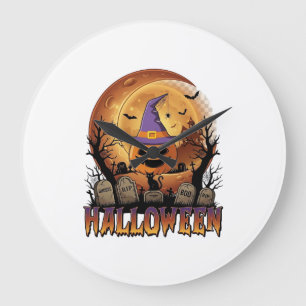 Relógio Grande Abóbora de Halloween Bruxa Gato Preto Lua Cheia_1