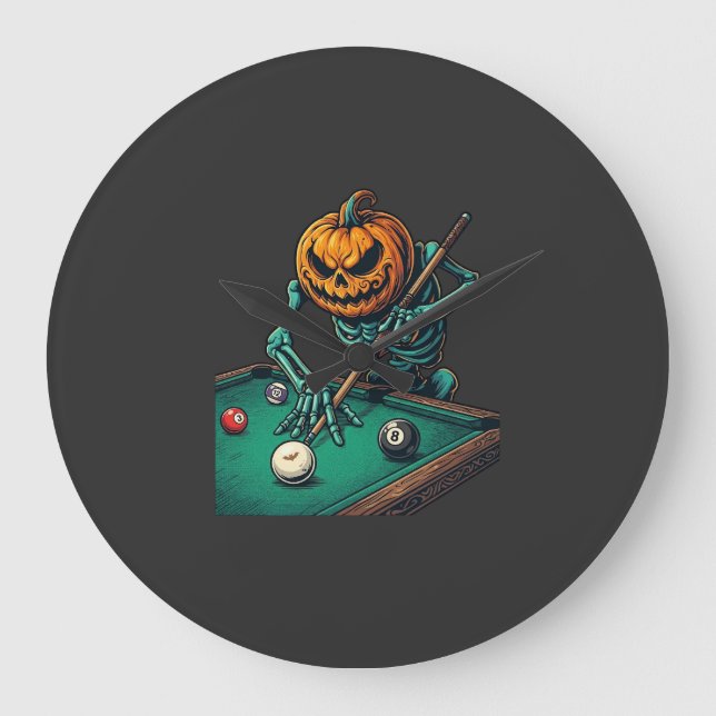 Relógio Grande Abóbora de Halloween Esqueleto Jogando Bilhar (Frente)
