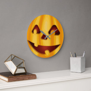 Relógio Grande Abóbora esculpida sorrindo desenho de Halloween