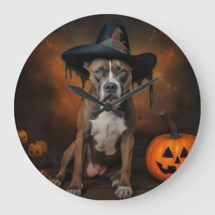 Relógio Grande Abóboras American Staffordshire Halloween Assustad