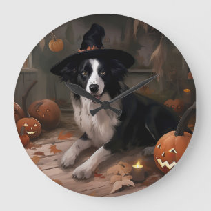 Relógio Grande Abóboras Border Collie Dia das Bruxas Assustador
