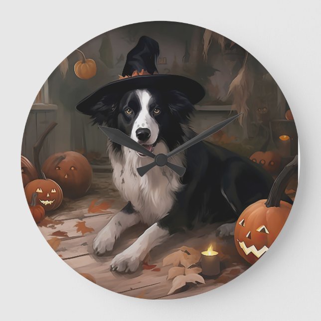 Relógio Grande Abóboras Border Collie Dia das Bruxas Assustador (Frente)