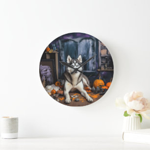 Relógio Grande Abóboras Cão Siberiano Husky Dia das Bruxas Assust