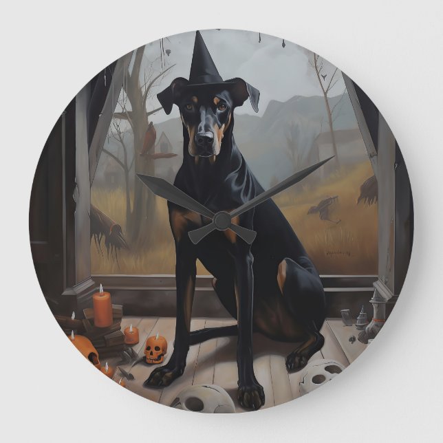 Relógio Grande Abóboras Doberman Halloween Assustador (Frente)