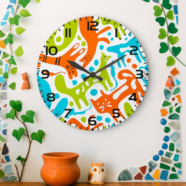 Relógio Grande Abstrato Cat Patterno Whimsical Modern Pet Art (Criador carregado)