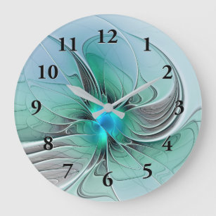 Relógio Grande Abstrato com Arte Fractal Azul, Moderna