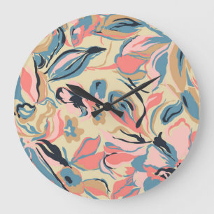 Relógio Grande Abstrato: creme floral geométrico.