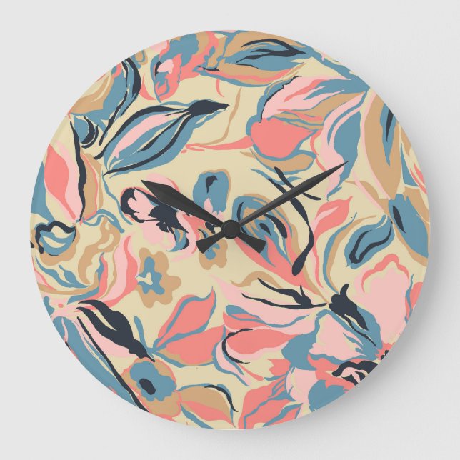 Relógio Grande Abstrato: creme floral geométrico. (Frente)