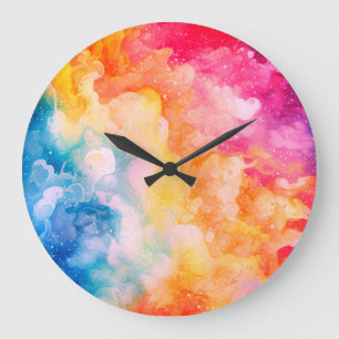 Relógio Grande Abstrato de Aquarela pintada com nuvens de arco-ír