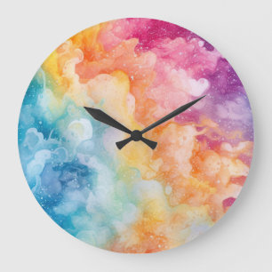 Relógio Grande Abstrato de Aquarela pintada com nuvens de arco-ír