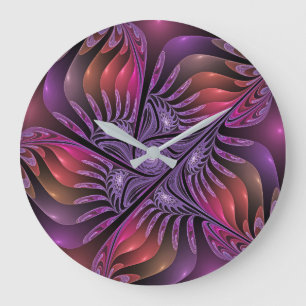 Relógio Grande Abstrato de Fantasia Colorida Fractal Roxo