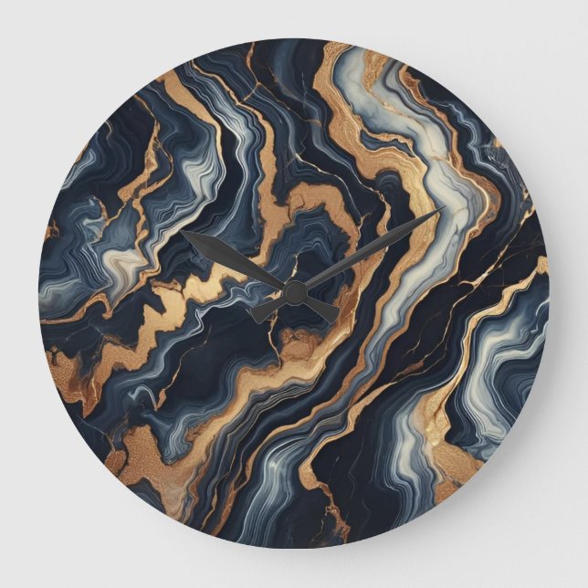 Relógio Grande Abstrato de pintura de mármore azul-marinho e Dour (Frente)