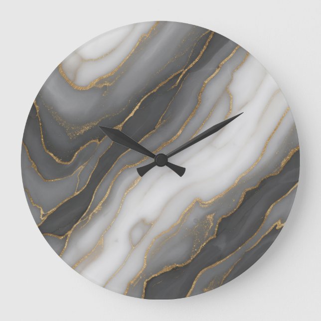 Relógio Grande Abstrato Marble Wall Clock - Cinza, Branco e Doura (Frente)
