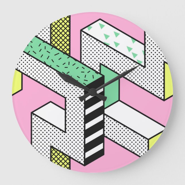 Relógio Grande Abstrato Memphis: formas geométricas de 80s. (Frente)