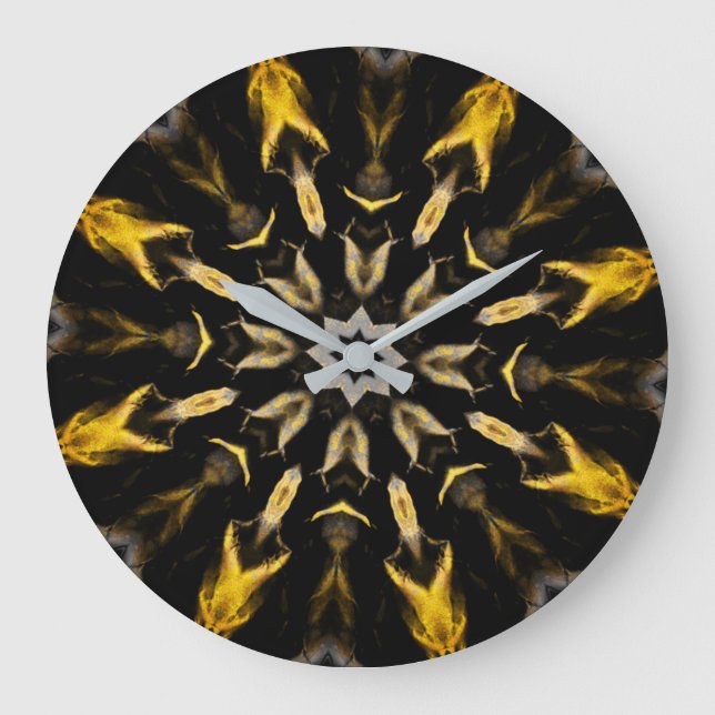 Relógio Grande Abstrato preto e Dourado Mandala (Frente)
