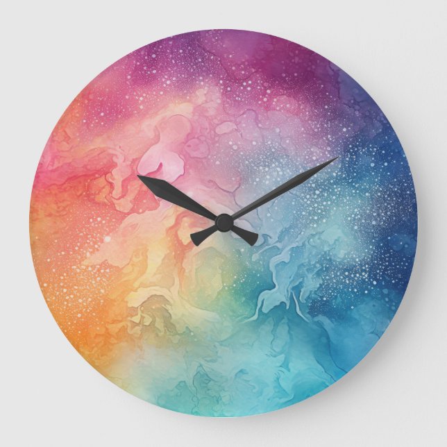 Relógio Grande Abstrato Rainbow Clouds Aquarela Arte Líquida (Frente)