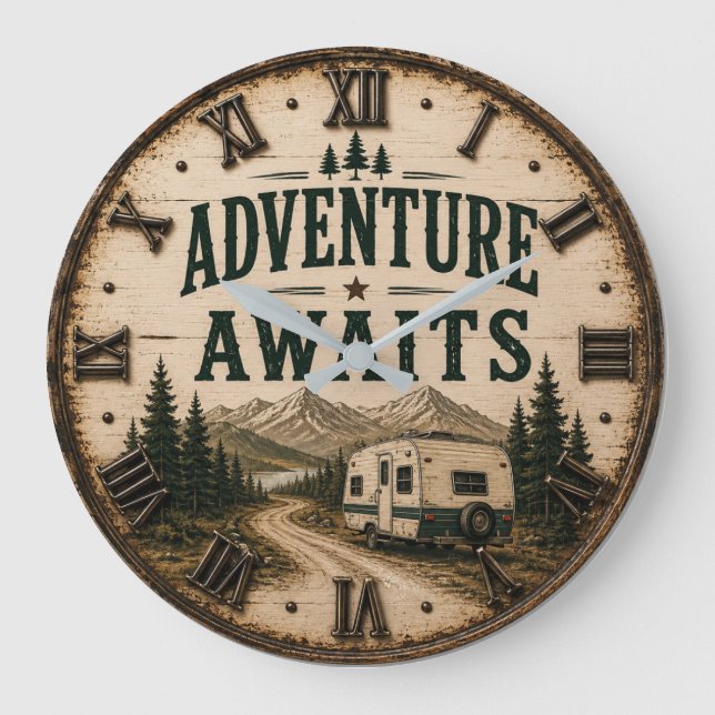 Relógio Grande Adventure Awaits Rustic Camper Camping Mountain (Frente)