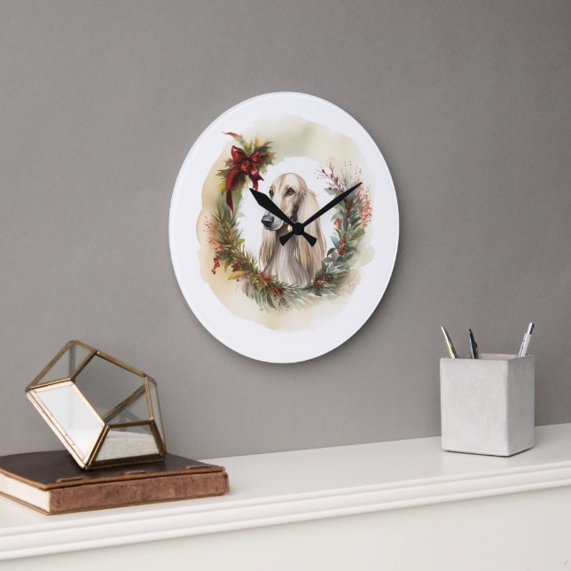Relógio Grande Afghan Hound Christmas Wreath Festivo Pup (Escritório)
