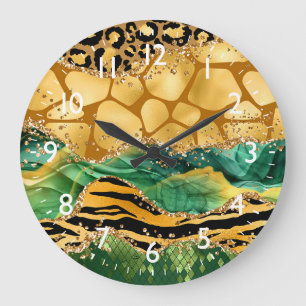 Relógio Grande Ágata de Impressão Animal Safari Dourado e Verde
