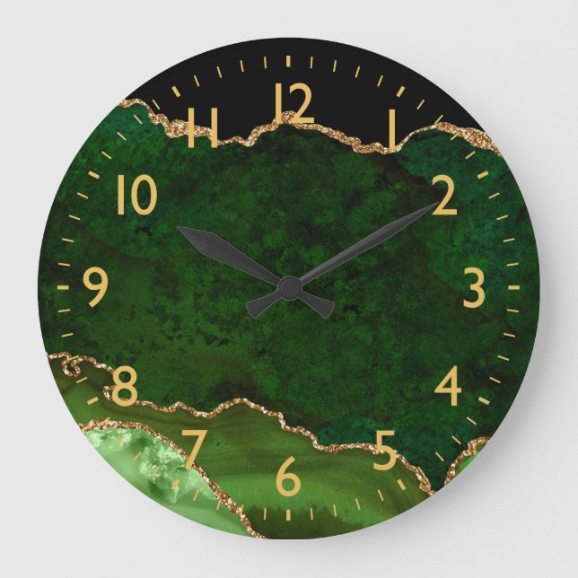 Relógio Grande Ágata de Mármore Verde e Dourado (Frente)
