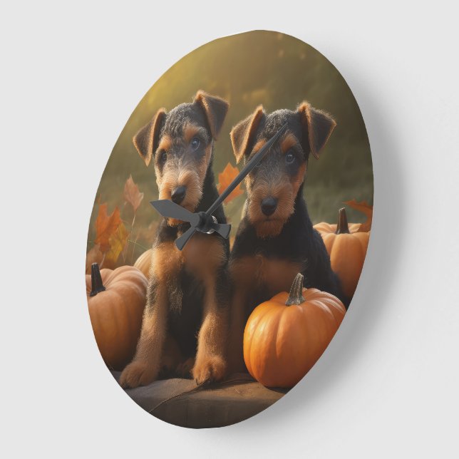 Relógio Grande Airedale Puppy Autumn Delight Pumpkin (Ângulo)