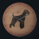 Relógio Grande Airedale Terrier Silhouette Rustic<br><div class="desc">Relógio de Parede de Airedale Lover. A design de madeira é impressa, não madeira real.</div>