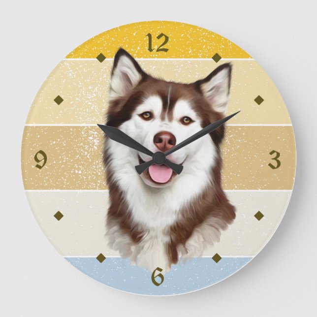 Relógio Grande Alaskan Malamute Dog Retro Sunset Clock (Frente)
