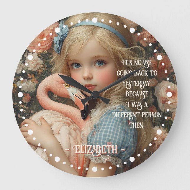 Relógio Grande Alice no País das Maravilhas Vintage com Flamingo  (Frente)