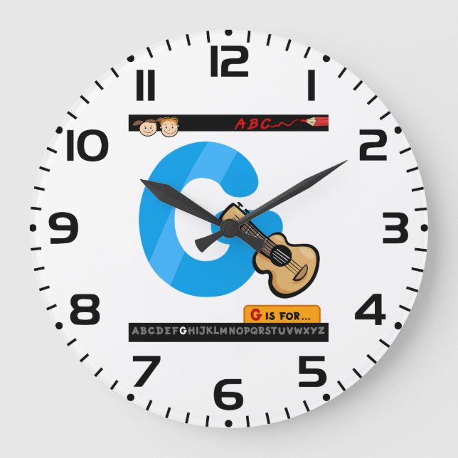 Relógio Grande Alphabet Letter G is for Guitar (Frente)