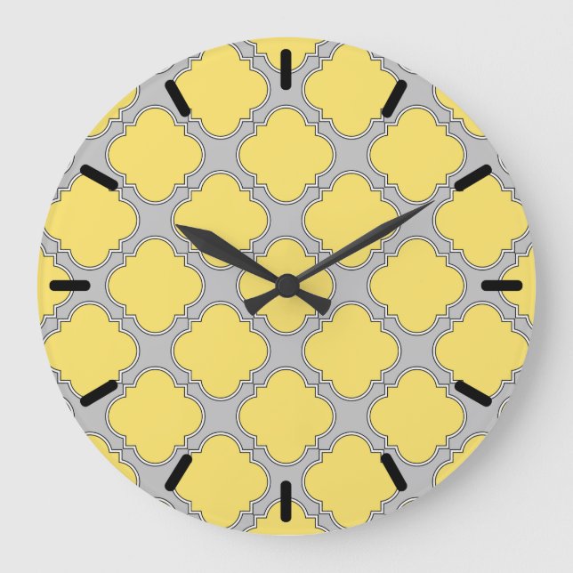 Relógio Grande Amarelo quatrefoil e cinza (Frente)