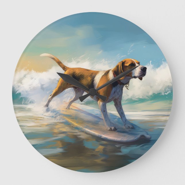 Relógio Grande American Engligh Foxhound Beach Surfing Painting (Frente)